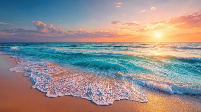 Beautiful sunset wtropical summer beach. panoramic tropical seascape horizon. white sand and blue sea waves, nature background, vacation in paradise concept for tourism, vivid colorful.