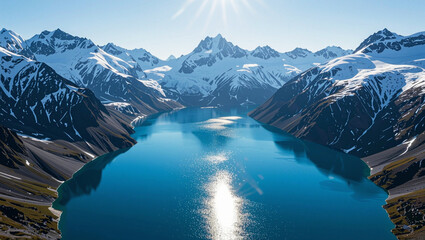 Sunlight sparkles on a pristine blue glacial lake surrounded by snow capped mountains