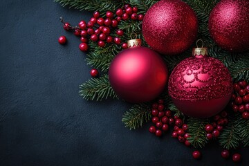 Red ornaments and berries on fir branch and a dark background. Good for festive season themes, graphic elements, or backgrounds.