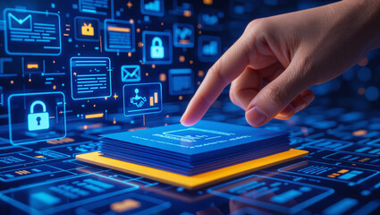 Human finger interacting with digital interface displaying data and security icons