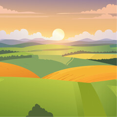 Obraz premium Aerial sunset view of green crop fields. Golden sun above horizon, dramatic sky