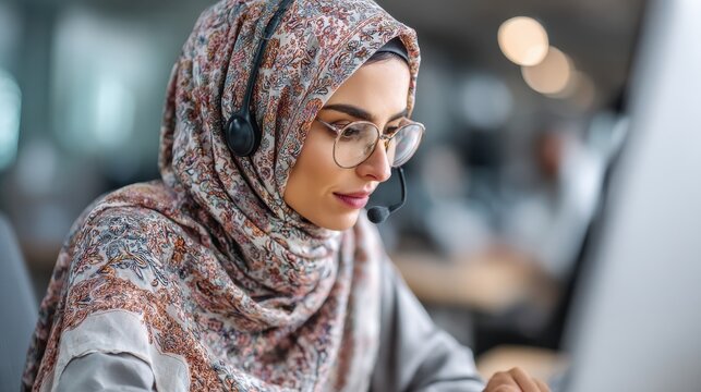 Muslim business woman with headset working in office. Happy arab woman working in company service center wearing headphone and using computer helping solving client problem. Islamic woman., no logos,