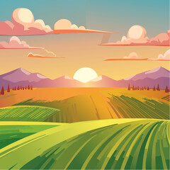Aerial sunset view of green crop fields. Golden sun above horizon, dramatic sky