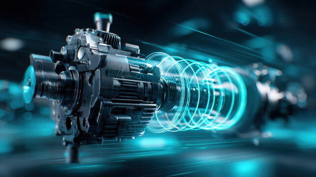 Electric motor focusing on the sleek design and intricate mechanical details There's a glowing neon blue spiral around one side of the engine. symbolizes innovation in automotive technology.