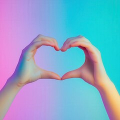 Fototapeta premium woman making a heart shape with hands against a pastel gradient background close?up