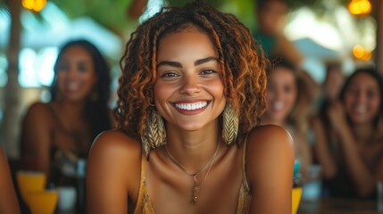 Fototapeta premium A woman with curly highlighted hair smiles warmly at the camera.