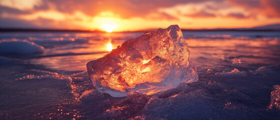 Crystal-clear ice on frozen sea at sunset, ultra wide format