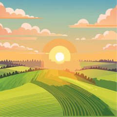Obraz premium Aerial sunset view of green crop fields. Golden sun above horizon, dramatic sky