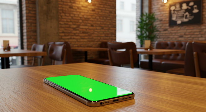 A smartphone with a green screen lies on a wooden table inside a cafe with brick walls and blurred background.