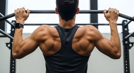 Naklejka premium A muscular man performing a pull-up exercise, showcasing back strength and fitness.