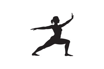 Silhouette of a woman in warrior pose practicing yoga and fitness for health and wellness isolated on white background for design elements
