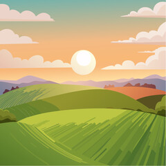 Obraz premium Aerial sunset view of green crop fields. Golden sun above horizon, dramatic sky