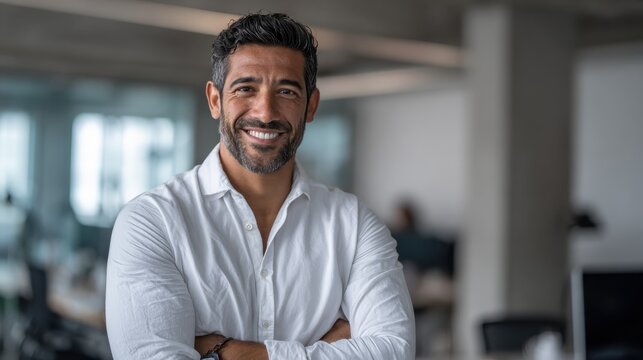 Smiling confident Latin Hispanic businessman CEO standing in modern office looking at camera Middle Eastern professional leader and entrepreneur - Powered by Adobe