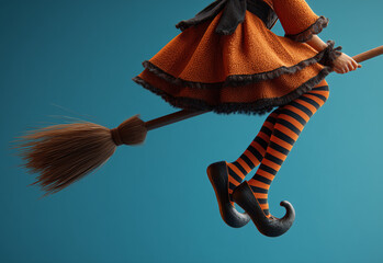 Close-up of a witch flying on a broomstick, captured from the waist down. The image shows her striped stockings, pointed black shoes, and part of the broomstick against a solid background. A whimsical