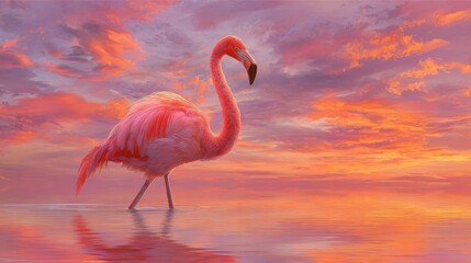 Fototapeta premium A pink flamingo stands in shallow water at sunset, the sky painted in vibrant hues of orange, pink, and purple.