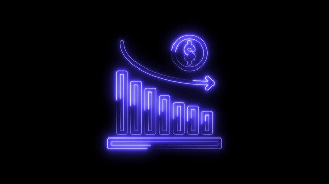 Neon style decreasing bar graph with dollar coin and downward arrow on black background