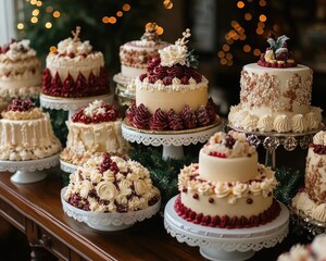 A display of cakes with red icing and ornate white decorations. Use this for holiday celebrations, dessert menus, and baking blogs.