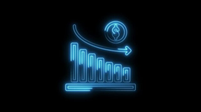 Neon style animation of decreasing bar chart and dollar coin for financial loss