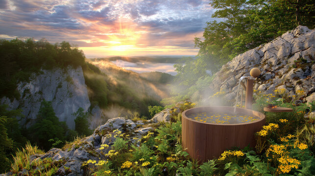 Luxury wellness bathing experience outdoor tub overlooking mountain valley landscape with sunrise natural hot steam rising