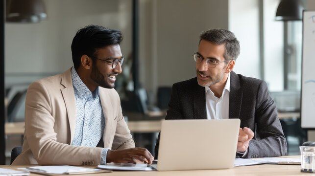 Two diverse business men analysts partners talking, working together, discussing data management using laptop computer. Indian manager consulting client with online technology at office meeting., no 
