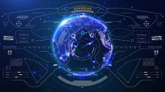 HUD digital control panel display with blue rotating earth in galaxy. Hologram global planet network spinning 4K motion
