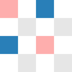 Symmetrical checkered pattern of pink, blue, white, grey and white squares arranged in a uniform and orderly grid, simple and clean japanesse style fabric or paper visual backdrop.