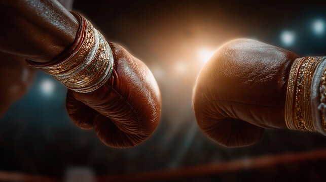 Close-Up Boxing Gloves: A striking close-up shot of two sets of leather boxing gloves poised in anticipation inside a vibrant boxing ring. Evoking the raw power and intensity of the sport.