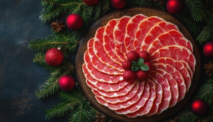 Cold cuts platter with Christmas decoration on dark background, top view. Perfect for holiday menus, advertising restaurants and festive events.