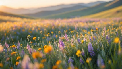 Obraz premium Wildflower Field at Sunset Mountain Landscape