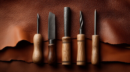 A Set of Leatherworking Tools on a Piece of Brown Leather. Craftsmanship and Handmade Concept.