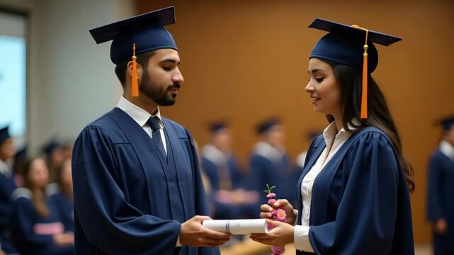 Imagen formal de docente recibiendo diploma y flores en ceremonia educativa, destacando honor y excelencia en ambiente acad?mico - Photo Stock Concept
