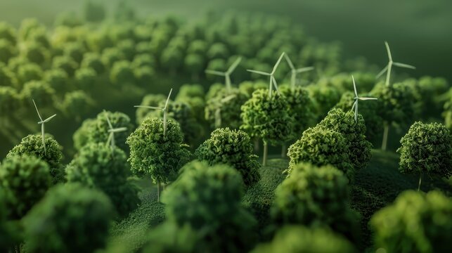 wind turbines shaped like trees in a forest green energy concept