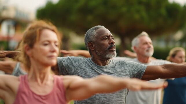 Group of multiethnic mature people stretching arms outdoor. Middle aged yoga class doing breathing exercise at park. Beautifil women and fit men doing breath exercise together with outstretched arms.
