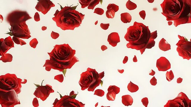 Red roses and petals falling on white background