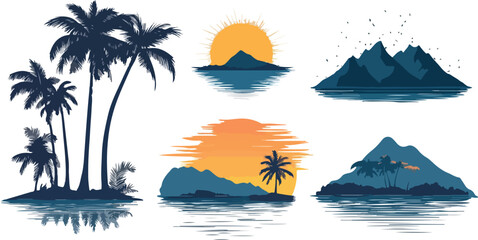 Tropical Island Silhouettes with Palm Trees Mountains and Sunset Illustrations