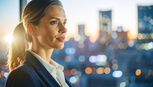 Confident young woman at dusk with bokeh city lights - Powered by Adobe