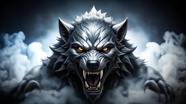 Fierce, snarling wolf with glowing eyes, emerges from mist