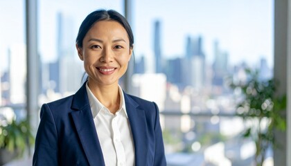 Businesswoman smiling with city skyline