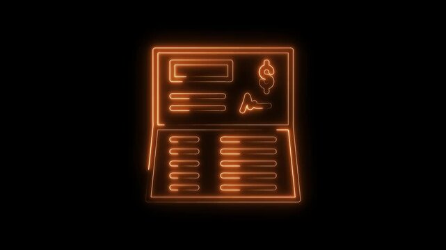 Neon bank checkbook with signature and dollar sign glowing in orange on black background