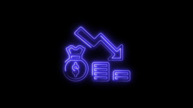 Neon style economy decrease arrow with money bag and coins on black background