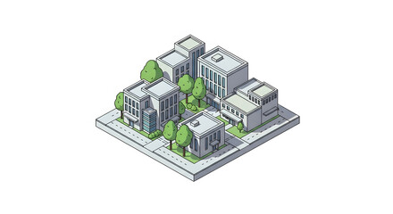 Isometric White Minimalist City Block with Buildings and Shadows