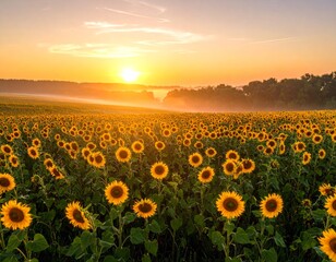 field of sunflowers at sunrise