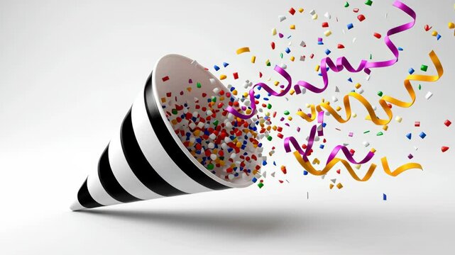 Colorful confetti is falling out of a black and white cone. The confetti is in various colors and sizes, creating a festive and celebratory mood
