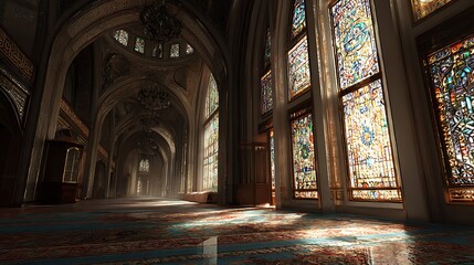 Obraz premium Grand hallway with stained glass windows in an ornate building.
