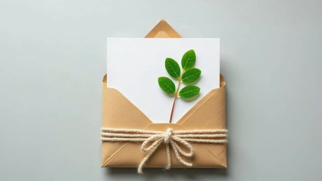 Kraft Envelope with Green Leaf and White Card