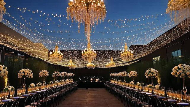 Elegant outdoor reception under a canopy of lights