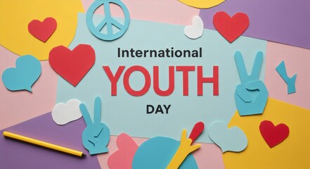 International Youth Day Celebration: Vibrant Flat Lay with Hearts, Peace Signs & Inclusivity Symbols, Colorful International Youth Day Concept with Diverse Symbols of Peace, Love, and Unity