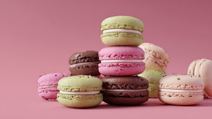 Macaroons stacked on pink background