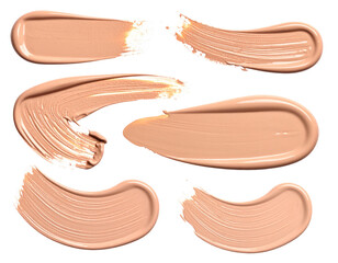 Close Up of Various Beige Cosmetic Foundation Cream Smears Isolated Against a Transparent Background Revealing Smooth Texture and Detailed Surface for Makeup