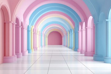 Fototapeta premium Pastel colored arches create a soft, dreamy hall with pink wall ahead. Great background for any design that needs a bright, fun, sweet feeling.